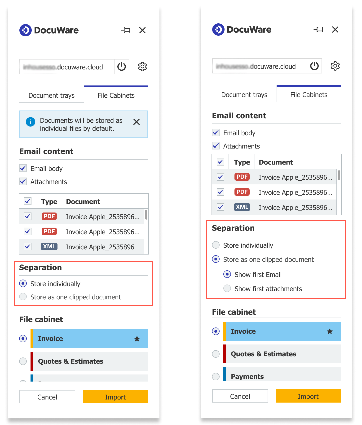 Интерфейс DocuWare для Outlook: Email content, Attachments, Separation, File cabinet и Import